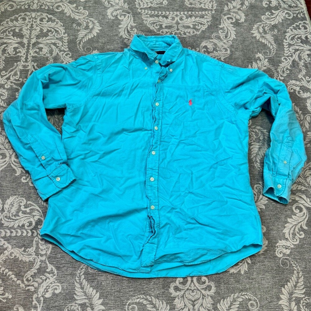 Ralph Lauren Button-Up Shirt Men's Size L Turquoise Blue Solid Pink Pony